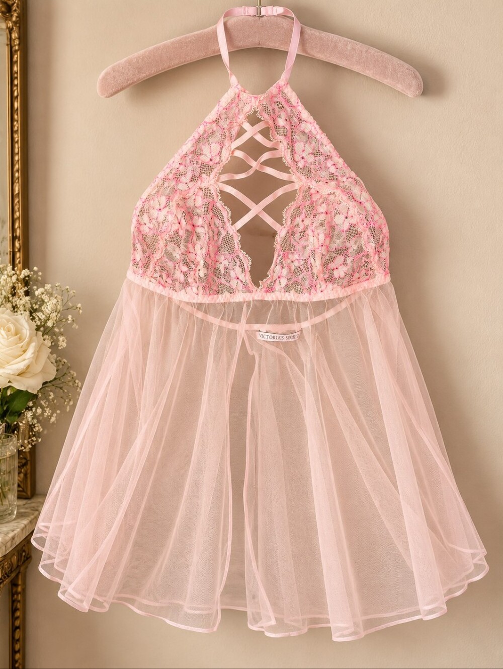 Victoria’s Secret Pink Lace Halter Babydoll Chemise Sheer Mesh Y2K M